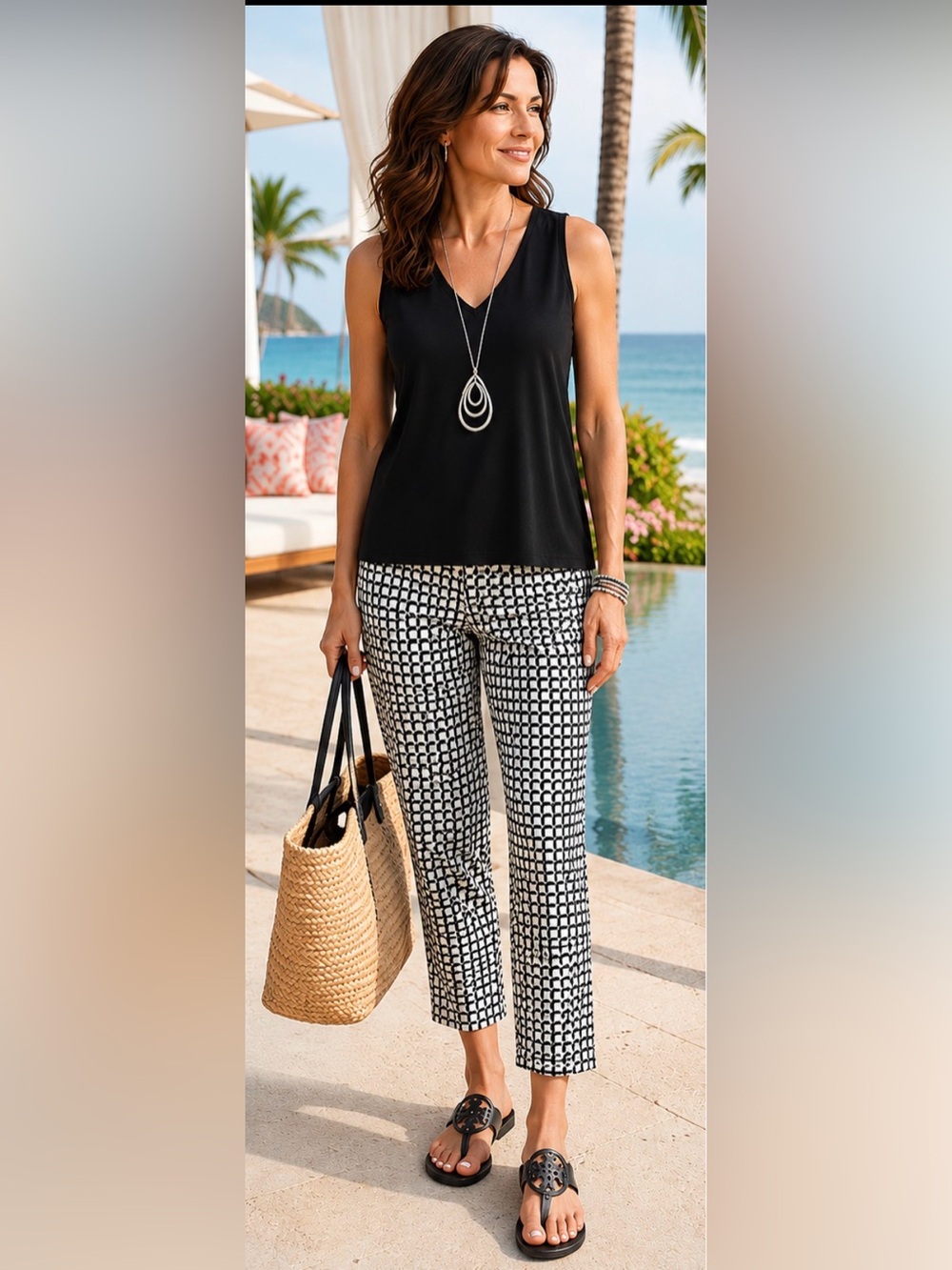 Clara Sunwoo Black White Geometric Pull-On Ankle Pants Size Large (14)